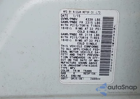 2015 Nissan Rogue Select S из США, поврежденный, VIN JN8AS5MT1FW153805